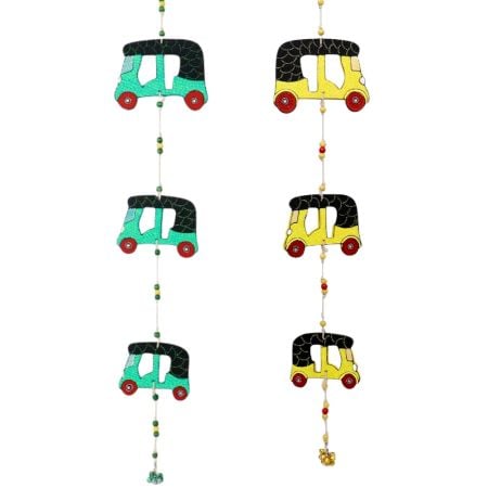Handmade Wooden Auto-Rickshaw Wall Hanging for Home Decor - Green, Yellow